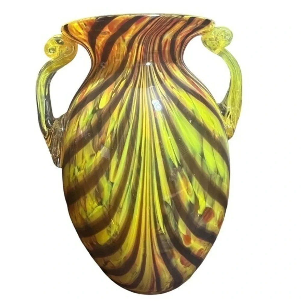 Hand Blown Art Glass Vase Yellow Brown Pulled Feather Amphora Two Handle 10 inch